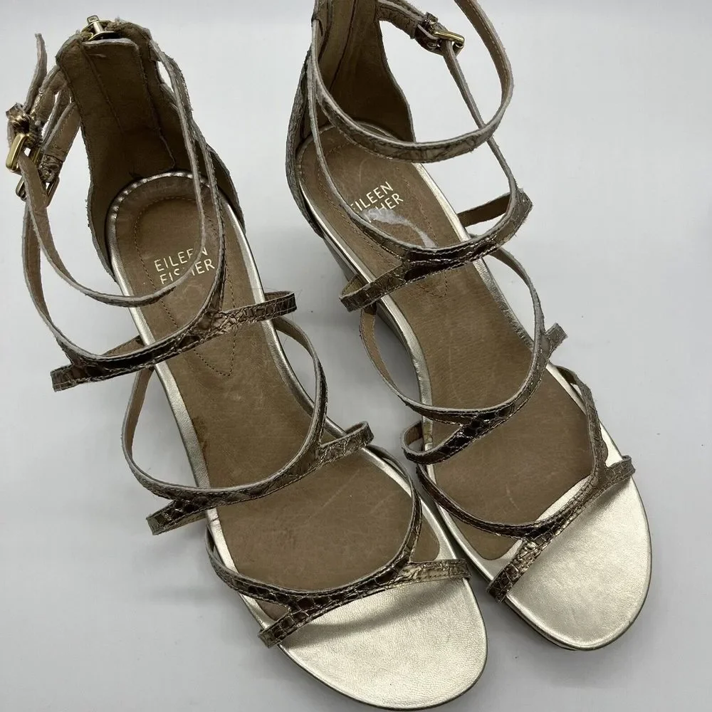 Eileen Fisher Women's 9.5 Gold Strappy Platform Wedge Shoes Sandals‎ Back Zip